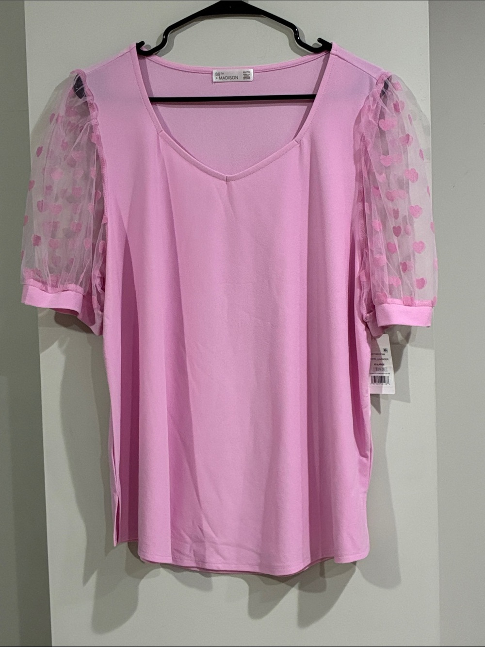 89th & Madison NWT Sheer Heart Sleeve Pink V-Neck Top